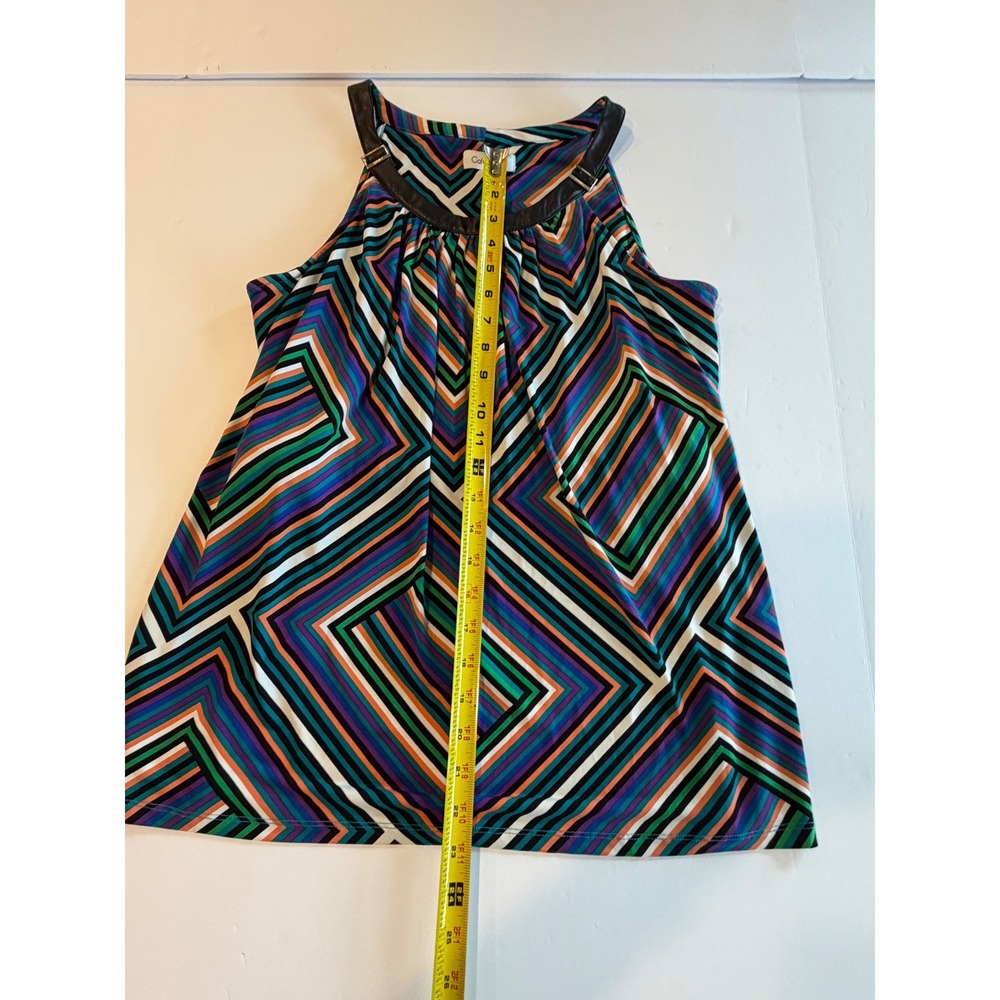 Calvin Klein Geometric Chevron Halter Top Faux Leather Trim Multi Color Blouse M - Picture 4 of 6